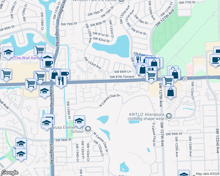 map of restaurants, bars, coffee shops, grocery stores, and more near 8820 Southwest 132nd Place in Miami
