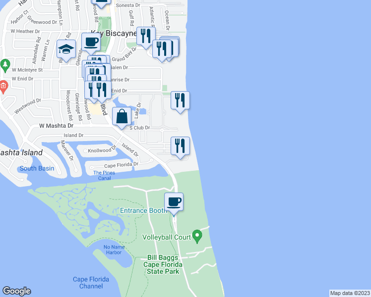 map of restaurants, bars, coffee shops, grocery stores, and more near 600 Grapetree Drive in Key Biscayne