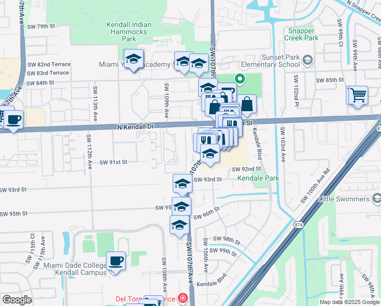 map of restaurants, bars, coffee shops, grocery stores, and more near Unnamed Road in Miami