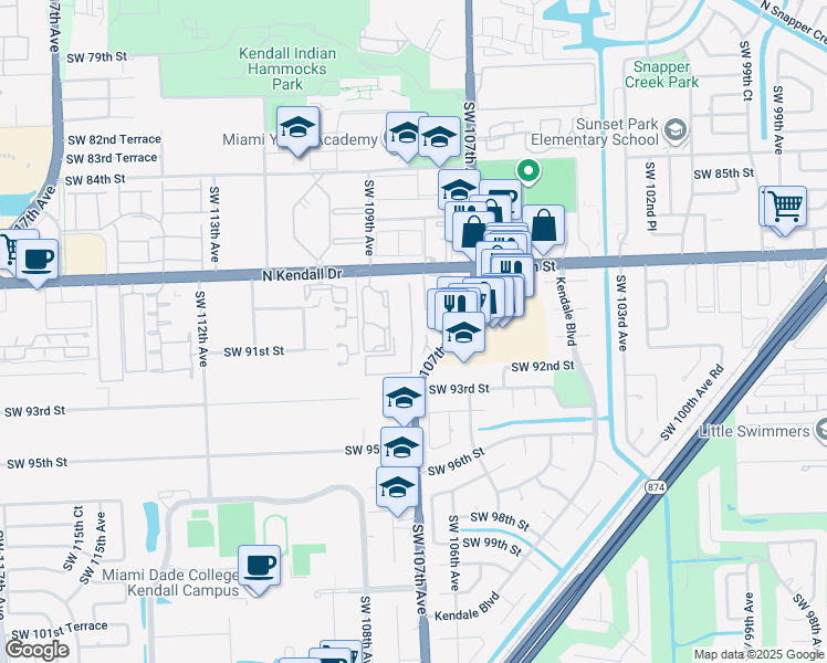 map of restaurants, bars, coffee shops, grocery stores, and more near Unnamed Road in Miami
