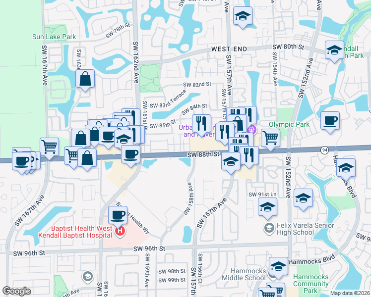 map of restaurants, bars, coffee shops, grocery stores, and more near 8749 Southwest 158th Place in Miami