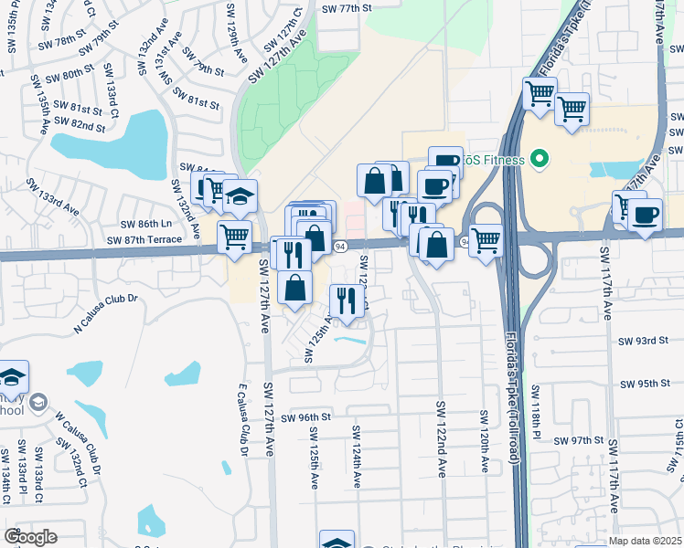 map of restaurants, bars, coffee shops, grocery stores, and more near 8830 Southwest 123rd Court in Miami