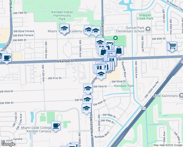 map of restaurants, bars, coffee shops, grocery stores, and more near Unnamed Road in Miami