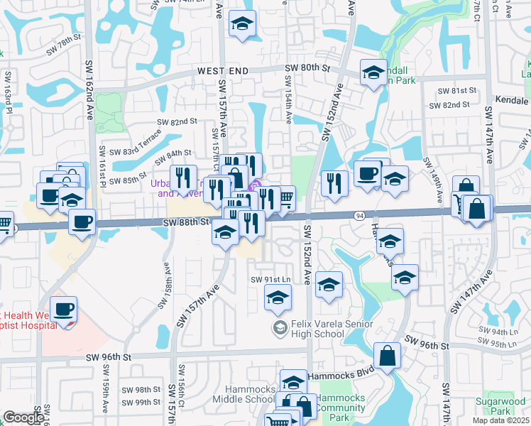 map of restaurants, bars, coffee shops, grocery stores, and more near 8716 Southwest 154th Circle Place in Miami