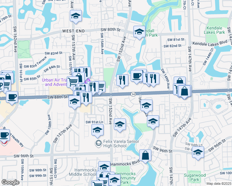 map of restaurants, bars, coffee shops, grocery stores, and more near 507 Southwest 88th Street in Miami