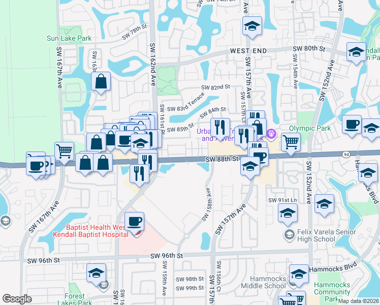 map of restaurants, bars, coffee shops, grocery stores, and more near 8751 Southwest 159th Place in Miami