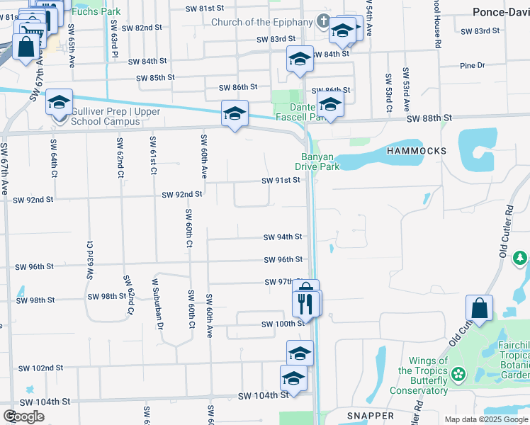 map of restaurants, bars, coffee shops, grocery stores, and more near 5800 Southwest 93rd Street in Miami