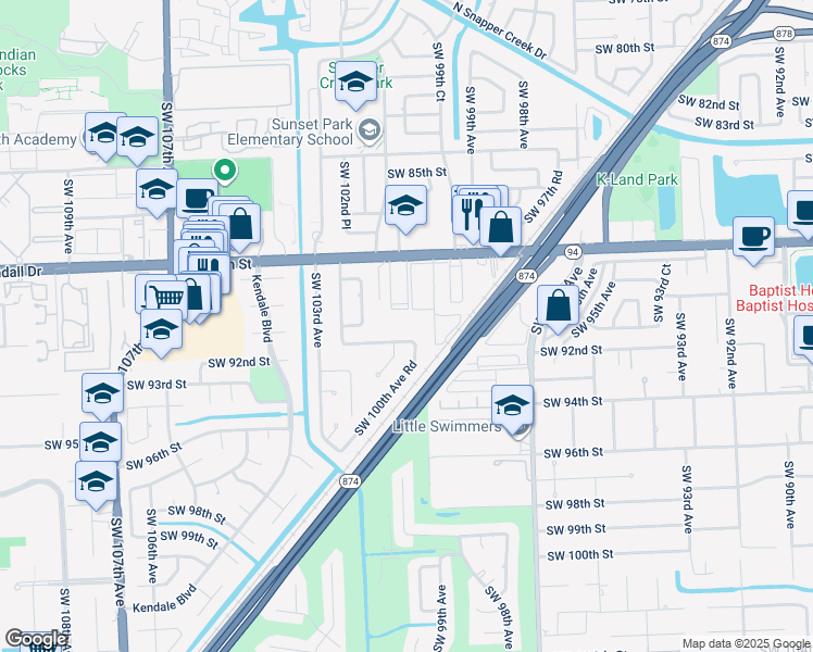map of restaurants, bars, coffee shops, grocery stores, and more near 10015 Southwest 91st Terrace in Miami