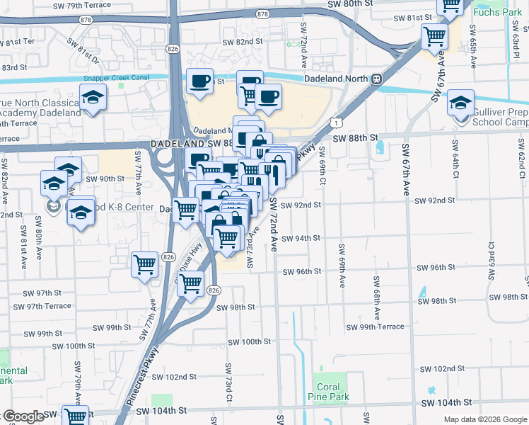 map of restaurants, bars, coffee shops, grocery stores, and more near 9300 Southwest 72nd Avenue in Miami