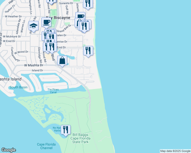 map of restaurants, bars, coffee shops, grocery stores, and more near 600 Grapetree Drive in Key Biscayne