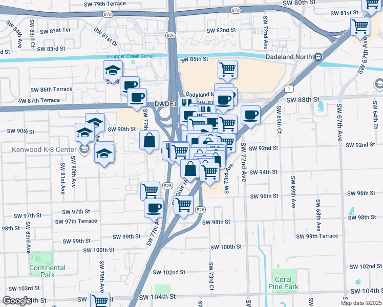 map of restaurants, bars, coffee shops, grocery stores, and more near 9200 South Dadeland Boulevard in Miami