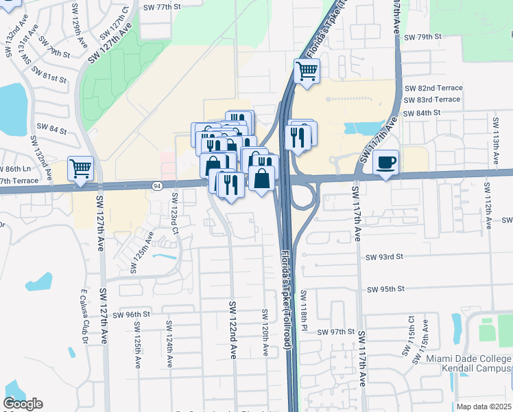 map of restaurants, bars, coffee shops, grocery stores, and more near 9021 Southwest 122nd Avenue in Miami