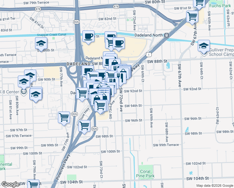 map of restaurants, bars, coffee shops, grocery stores, and more near 9300 Southwest 72nd Avenue in Miami