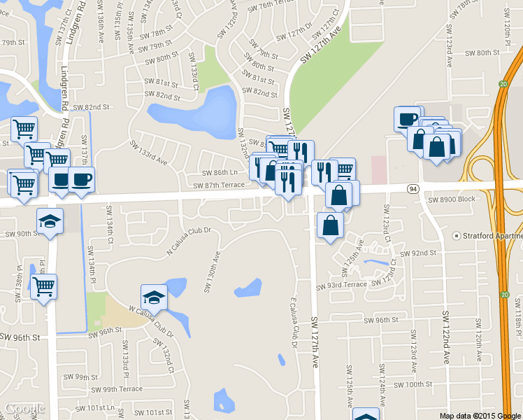 map of restaurants, bars, coffee shops, grocery stores, and more near 12924 Southwest 88th Lane in Miami