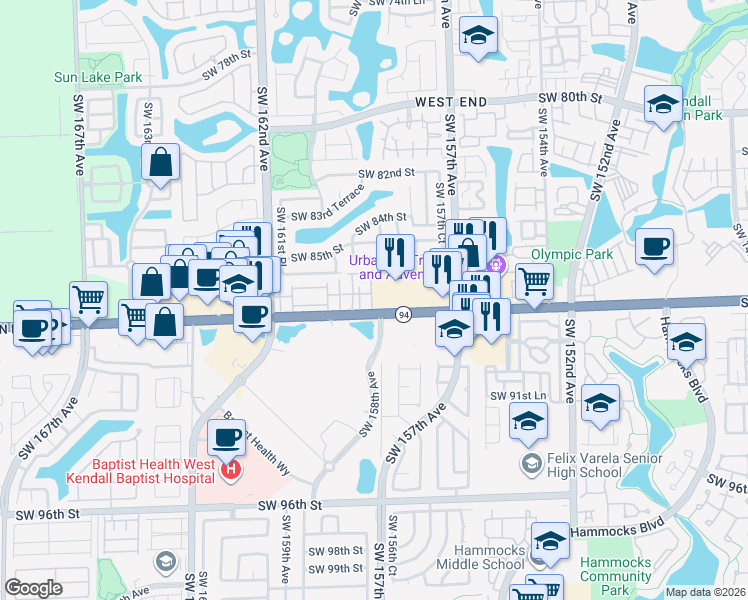 map of restaurants, bars, coffee shops, grocery stores, and more near 8749 Southwest 158th Place in Miami