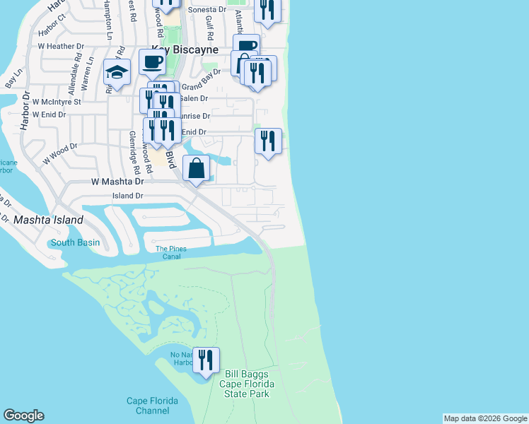 map of restaurants, bars, coffee shops, grocery stores, and more near 350 Grapetree Drive in Key Biscayne