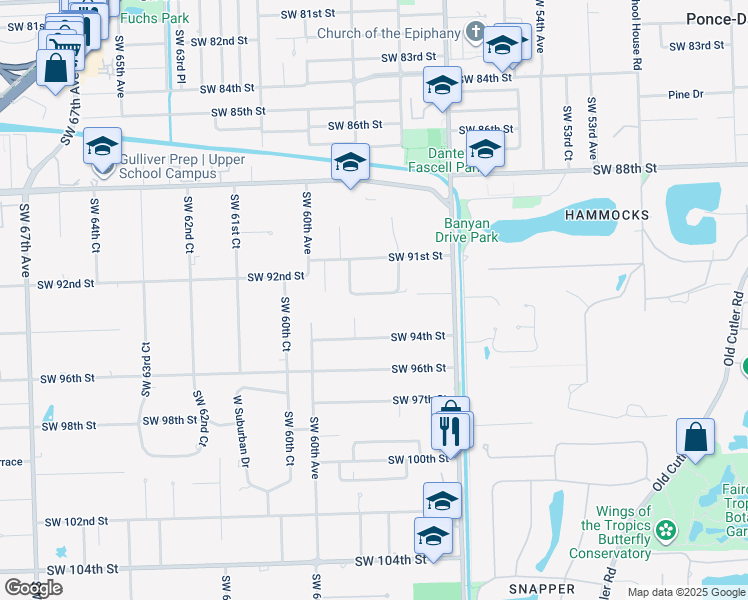 map of restaurants, bars, coffee shops, grocery stores, and more near 5800 Southwest 93rd Street in Miami