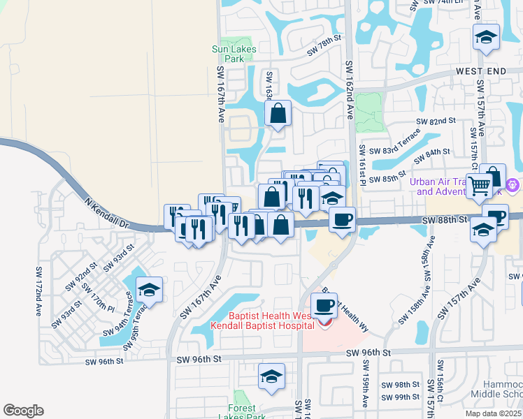 map of restaurants, bars, coffee shops, grocery stores, and more near 114 Southwest 165th Avenue in Miami
