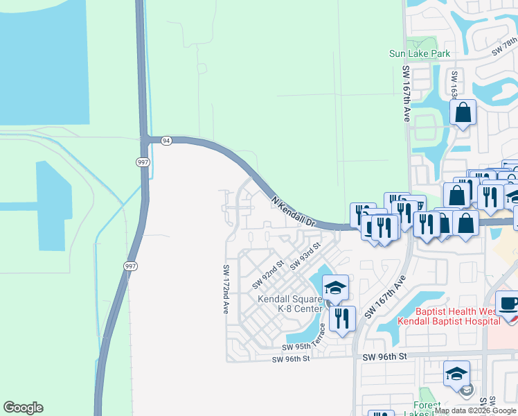 map of restaurants, bars, coffee shops, grocery stores, and more near 8869 Southwest 172nd Avenue in Miami