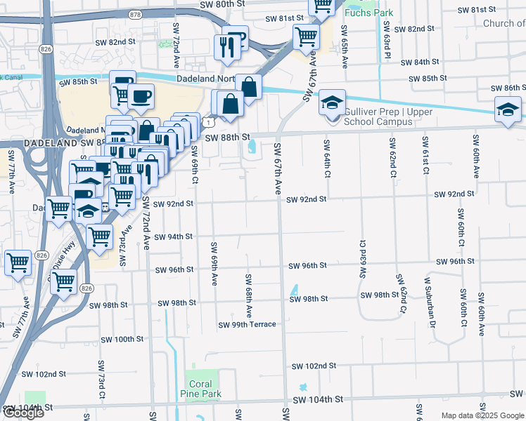map of restaurants, bars, coffee shops, grocery stores, and more near 6710 SW 92nd Street in Miami