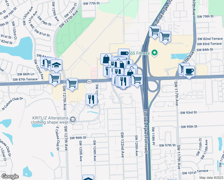 map of restaurants, bars, coffee shops, grocery stores, and more near 8960 Southwest 122nd Avenue in Miami