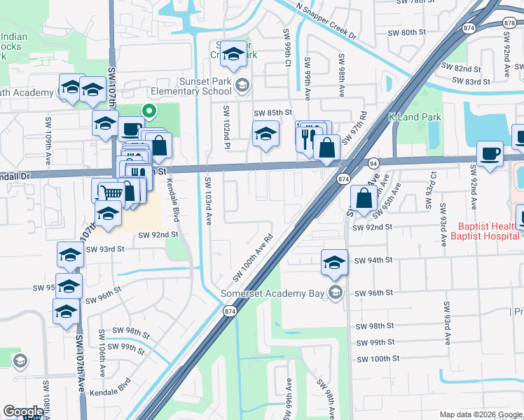 map of restaurants, bars, coffee shops, grocery stores, and more near 10015 Southwest 91st Terrace in Miami