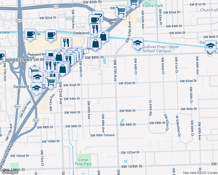 map of restaurants, bars, coffee shops, grocery stores, and more near 6710 SW 92nd Street in Miami