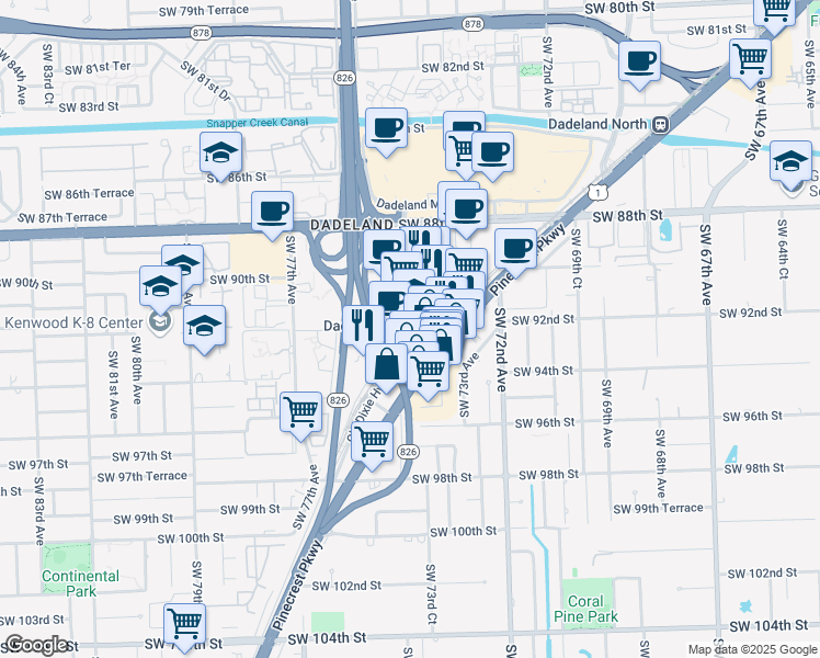 map of restaurants, bars, coffee shops, grocery stores, and more near 9130 South Dadeland Boulevard in Miami