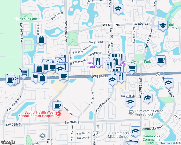 map of restaurants, bars, coffee shops, grocery stores, and more near 8749 Southwest 158th Place in Miami