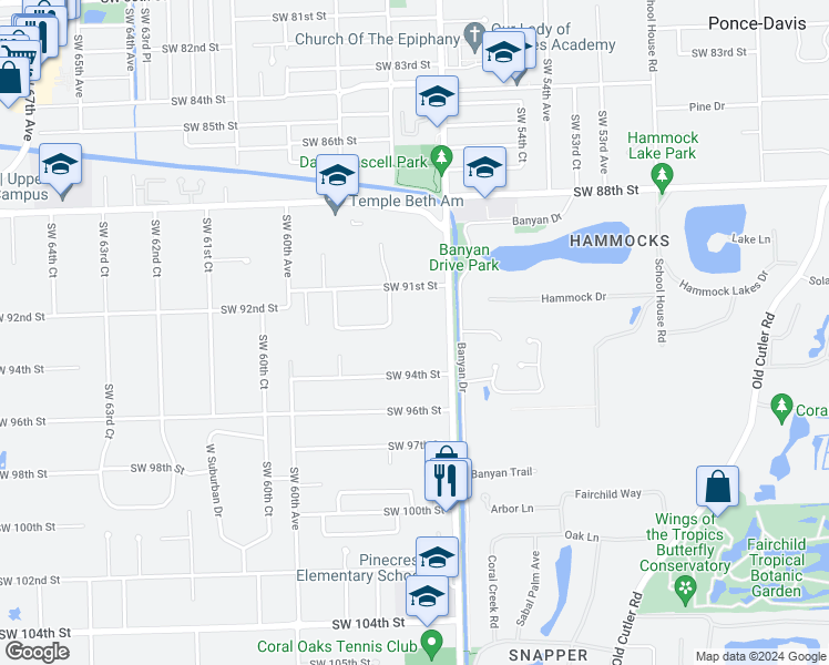 map of restaurants, bars, coffee shops, grocery stores, and more near 9298 Southwest 57th Avenue in Miami