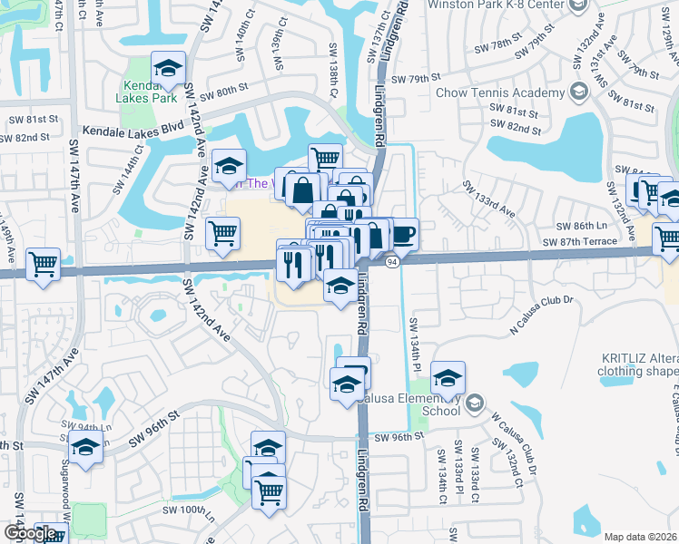 map of restaurants, bars, coffee shops, grocery stores, and more near 13710 North Kendall Drive in Miami