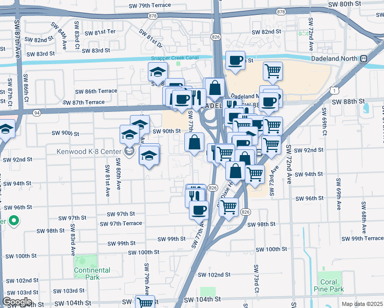 map of restaurants, bars, coffee shops, grocery stores, and more near 9357 Southwest 77th Avenue in Miami