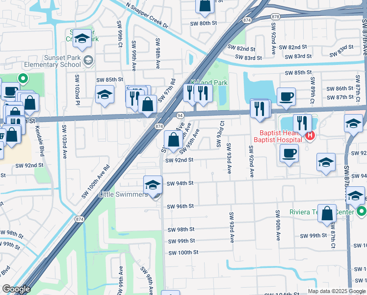 map of restaurants, bars, coffee shops, grocery stores, and more near 9480 Southwest 91st Street in Miami