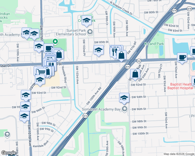 map of restaurants, bars, coffee shops, grocery stores, and more near 10015 Southwest 91st Terrace in Miami