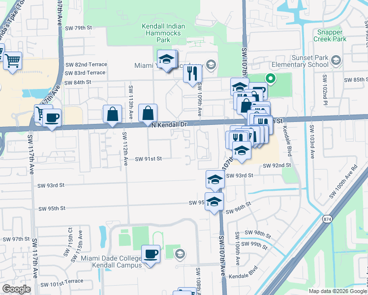map of restaurants, bars, coffee shops, grocery stores, and more near 10875 Southwest 91st Street in Miami