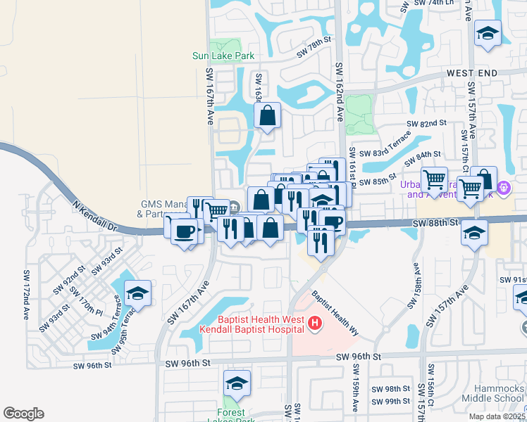 map of restaurants, bars, coffee shops, grocery stores, and more near 16371 Southwest 88th Street in Miami