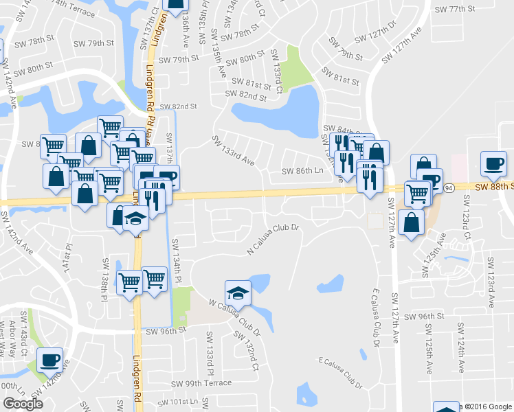 map of restaurants, bars, coffee shops, grocery stores, and more near 13301 Southwest 88th Terrace in Miami