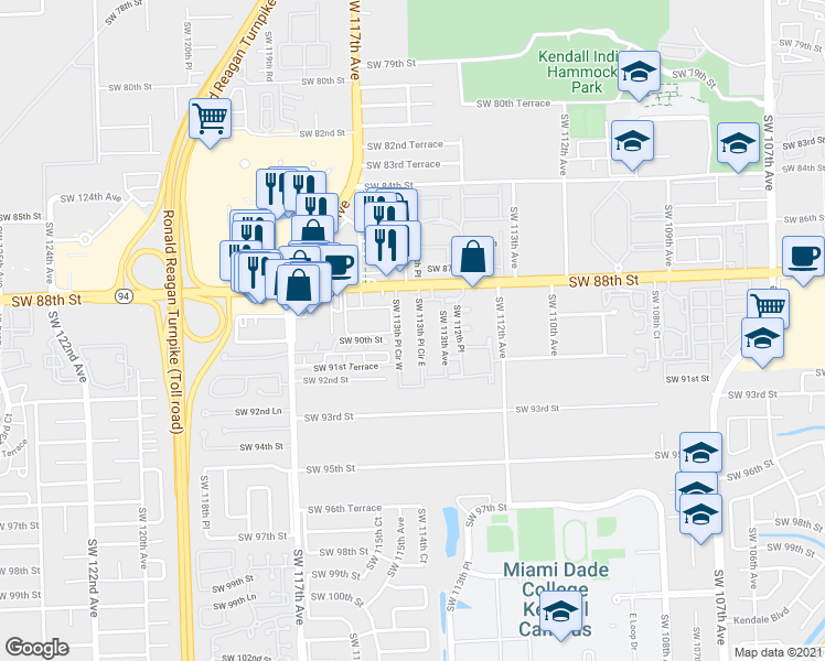 map of restaurants, bars, coffee shops, grocery stores, and more near 8912 Southwest 113th Place Circle East in Miami