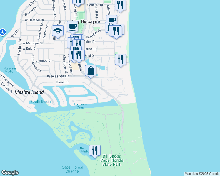 map of restaurants, bars, coffee shops, grocery stores, and more near 21 Island Drive in Key Biscayne