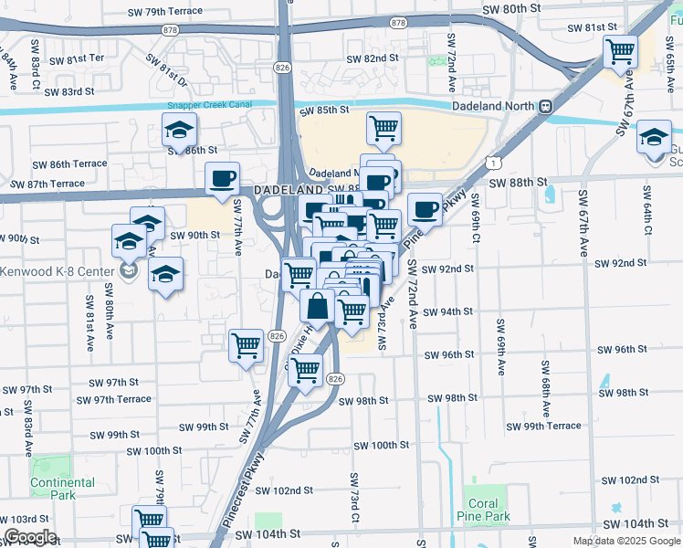 map of restaurants, bars, coffee shops, grocery stores, and more near 9130 South Dadeland Boulevard in Miami