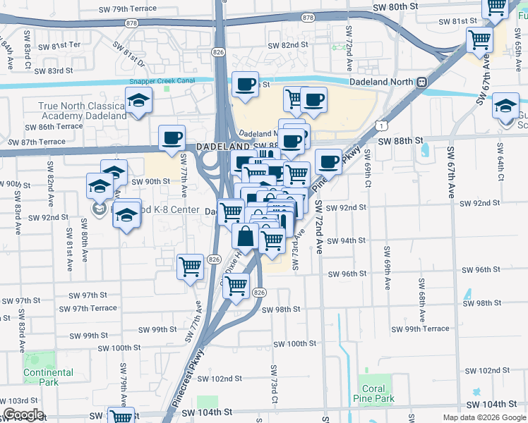 map of restaurants, bars, coffee shops, grocery stores, and more near 9150 South Dadeland Boulevard in Miami