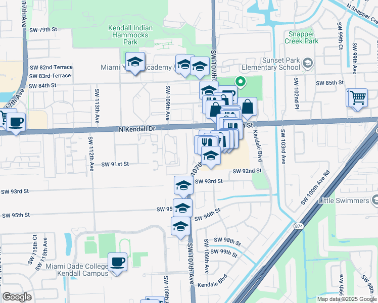 map of restaurants, bars, coffee shops, grocery stores, and more near Unnamed Road in Miami