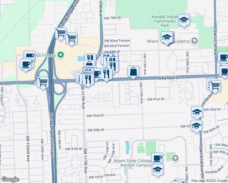 map of restaurants, bars, coffee shops, grocery stores, and more near 11513 Southwest 90th Street in Miami