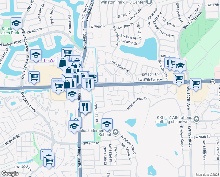 map of restaurants, bars, coffee shops, grocery stores, and more near 13371 Southwest 89th Terrace in Miami