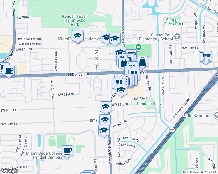 map of restaurants, bars, coffee shops, grocery stores, and more near Unnamed Road in Miami