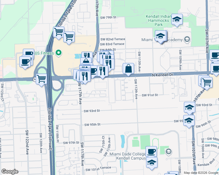 map of restaurants, bars, coffee shops, grocery stores, and more near 11513 Southwest 90th Street in Miami