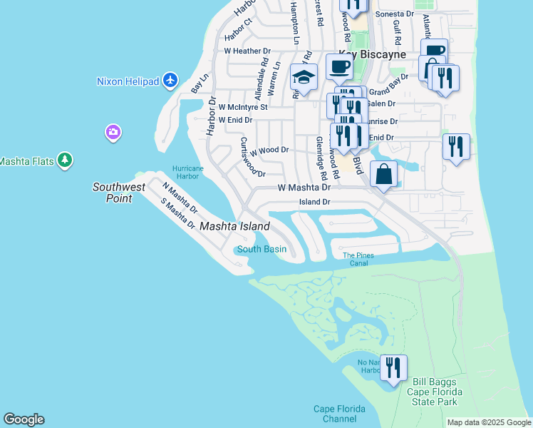 map of restaurants, bars, coffee shops, grocery stores, and more near 881 Harbor Drive in Key Biscayne