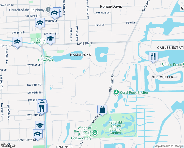 map of restaurants, bars, coffee shops, grocery stores, and more near 9261 School House Road in Coral Gables