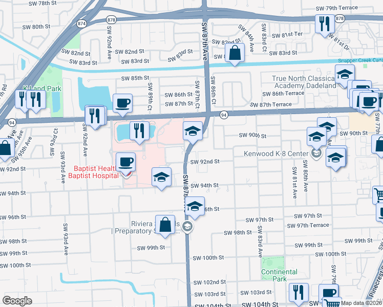 map of restaurants, bars, coffee shops, grocery stores, and more near 9117 Southwest 87th Avenue in Miami