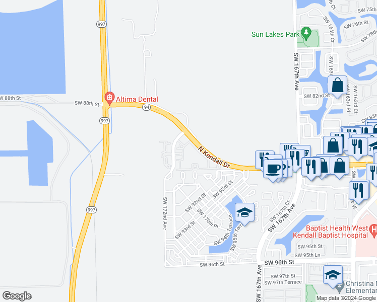 map of restaurants, bars, coffee shops, grocery stores, and more near 8869 Southwest 172nd Avenue in Miami